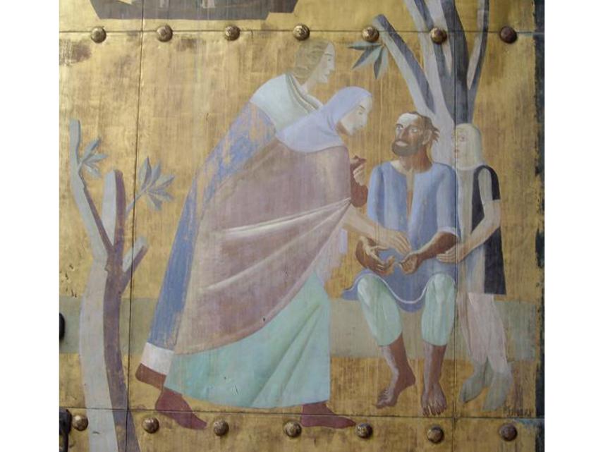 Friedeborg, die erste schwedische Frau, die Ansgar taufte, und deren Tochter Katla geben Almosen